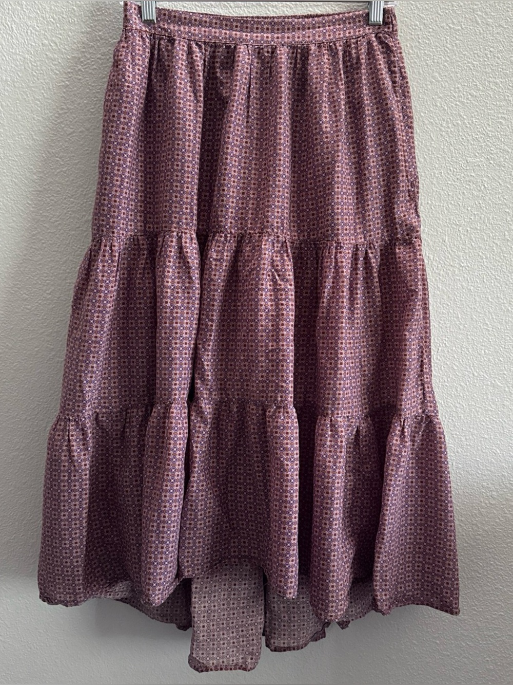 Xirena Small Tiered Midi Skirt Purple Geometric Print Cotton Silk Boho